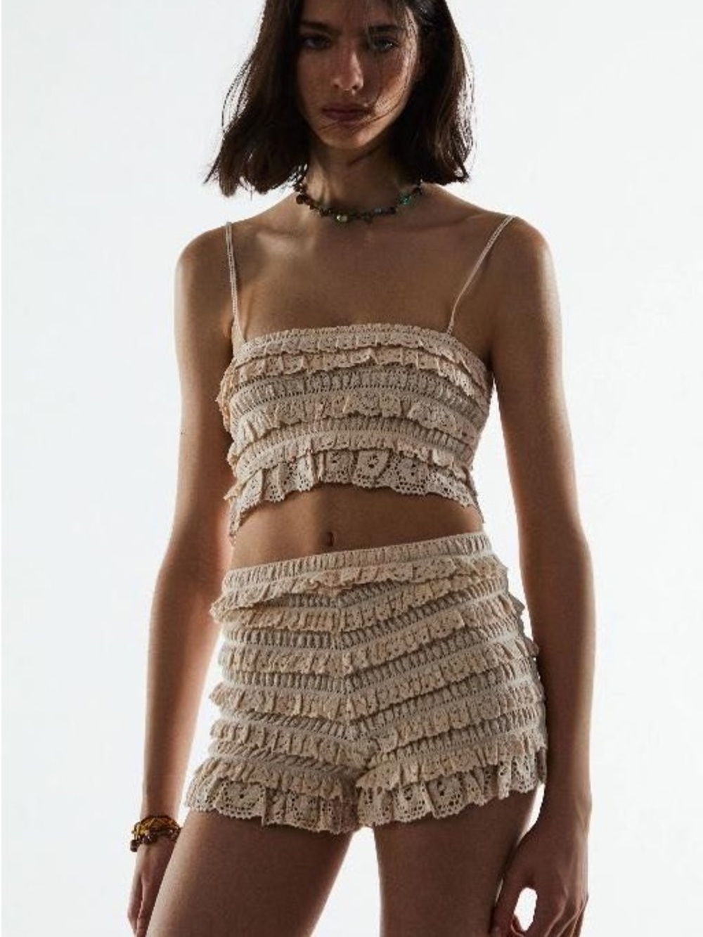 Zara Cream Crochet Ruffle Crop Top & Shorts Set romantic Victorian festival boho